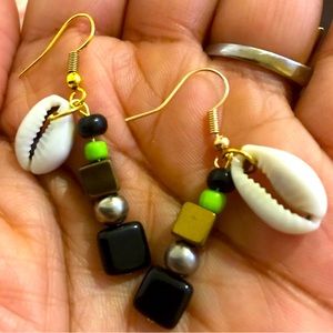 Handmade African cowrie shell lime green beaded dangle earrings,handmade,ethic